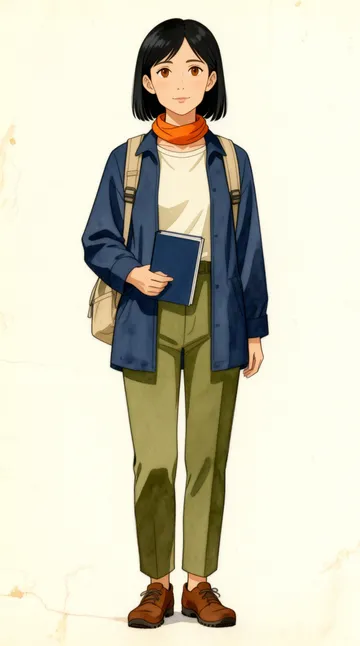 มิจิ ไกด์ในภาพวาดของช่อง: ผู้หญิงผมบ็อบสั้นสีดำ สวมแจ็กเก็ตสีคราม ผ้าพันคอสีส้ม และถือสมุดสเก็ตช์